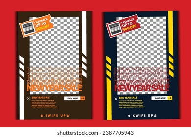 conjunto vectorial de publicaciones en medios sociales, historia, afiche y banner descuento mega venta feliz año nuevo. celebración de Año Nuevo. folleto de venta de fin de año o plantilla de artículo