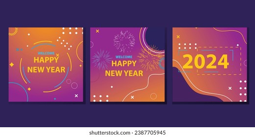 conjunto vectorial de publicaciones en medios sociales, historia, afiche y banner descuento mega venta feliz año nuevo. celebración de Año Nuevo. folleto de venta de fin de año o plantilla de artículo