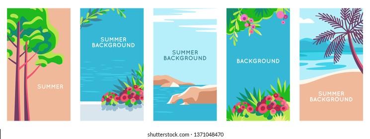 Vector set of social media stories design templates, backgrounds with copy space for text - summer landscape - background for banner, greeting card, poster and advertising - summer vacation concept 