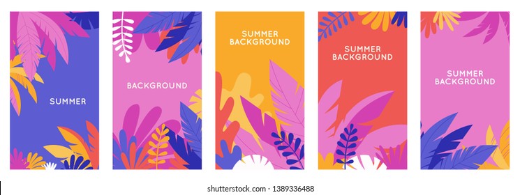 Vector set of social media stories design templates, backgrounds with copy space for text - summer backgrounds for banner, greeting card, poster and advertising - bright banners with leaves and plants