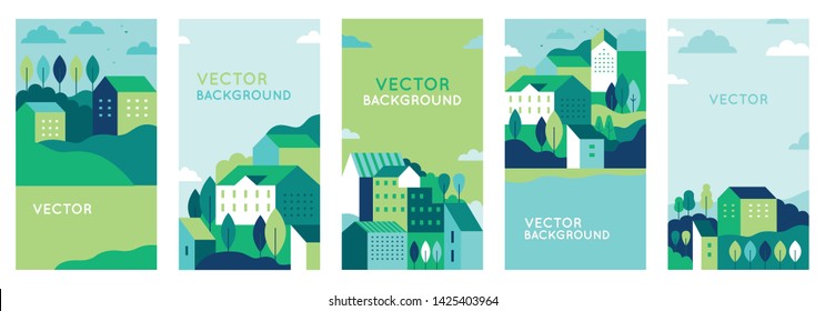 Vector set of social media stories design templates, backgrounds with copy space for text - urban landscapes with buildings and trees - summer backgrounds for banners, greeting cards, posters and adve