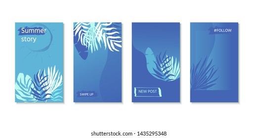 Vector set of social media stories design templates with palm leaves. Creative backgrounds for  banner, poster, web, landing, page, cover, ad, greeting card, promotion. Summer vacation concept