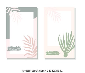 Vector set of social media stories design templates with palm leaves. Creative backgrounds for  banner, poster, web, landing, page, cover, ad, greeting card, promotion. Summer vacation concept