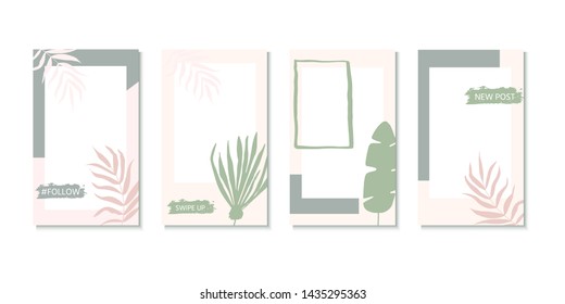 Vector set of social media stories design templates with palm leaves. Creative backgrounds for  banner, poster, web, landing, page, cover, ad, greeting card, promotion. Summer vacation concept