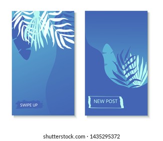 Vector set of social media stories design templates with palm leaves. Creative backgrounds for  banner, poster, web, landing, page, cover, ad, greeting card, promotion. Summer vacation concept