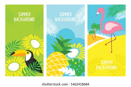 Vector set of social media stories design templates. tropical leaves, palm tree, bird, flamingo, pineapple and blue sky