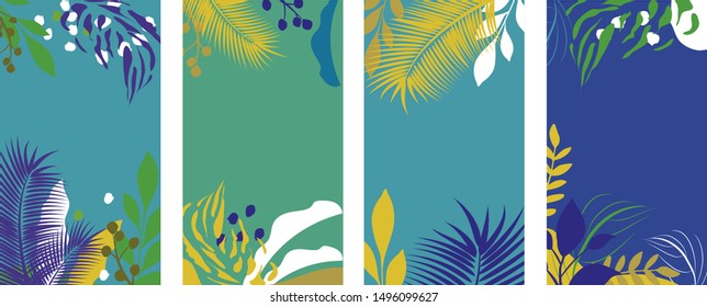 Vector set of social media stories design templates, backgrounds with  space for text ,mountain landscape with houses and trees ,summer backgrounds for banners, greeting cards, posters .
