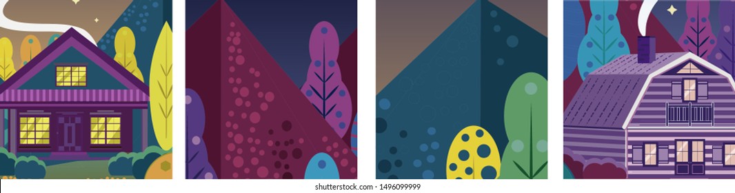 Vector set of social media stories design templates, backgrounds with  space for text ,mountain landscape with houses and trees ,summer backgrounds for banners, greeting cards, posters.