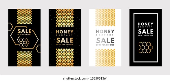 Vector set of social media stories  Sale Honey gold gradient honeycombs. Design templates, backgrounds, banners, blanks, posters, advertising. Isolated on black and white backgrounds.