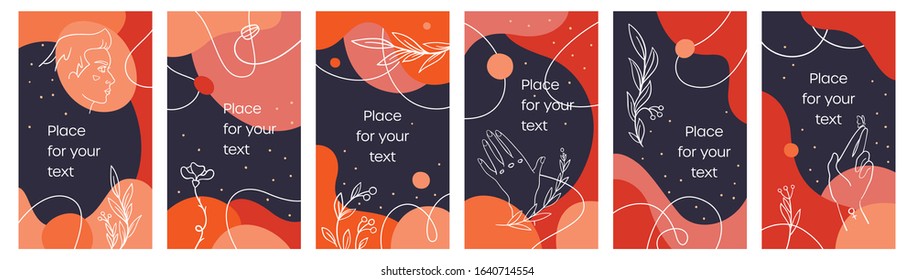 Vector set of social media stories, linear style. Template stories copy space. Modern abstract backgrounds for banners in collage style. Flowers, hands and girl face. Navy and lush lava palette
