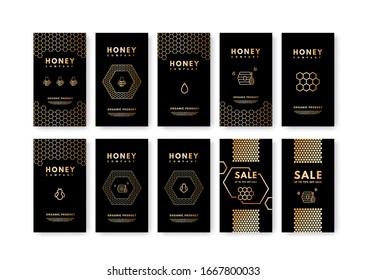 Vector set of social media stories  Honey gold gradient honey bee, honeycombs, honey stick, beehive. Design templates, backgrounds, banners, blanks, posters, advertising. Isolated on white background