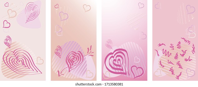 Vector set of social media stories design templates, backgrounds with copy space for text. Blurred decorative design in simple  style with cute hand drawn hearts for valentine's, women, mother's day.