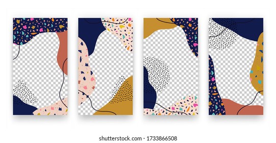 Vector mit Social Media Geschichten Vorlagen mit trendigen Terrazzo Collage Formen. Trendige Hintergründe mit Steintexturen für Flyer, Karten, Broschüren