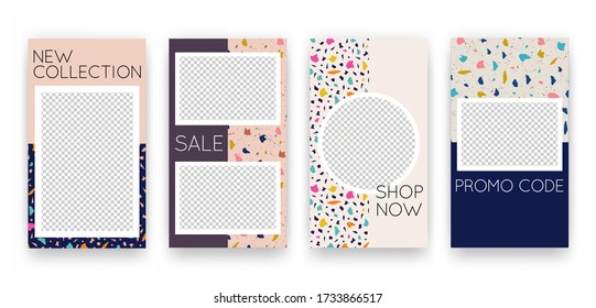 Conjunto de vectores con plantillas de historias de medios sociales con formas de collage de terrazo de moda. Fondos de moda con texturas de piedra para volantes, tarjetas, diseño de folletos