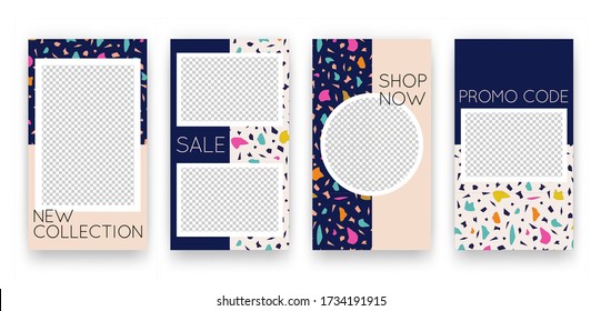Vector set with social media stories templates with trendy terrazzo collage shapes. Trendy backgrounds with stone textures for flyers, card, brochure design