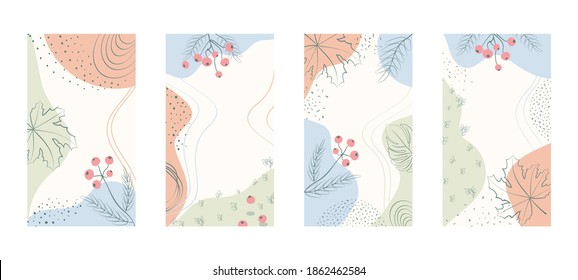 Vector set of social media stories templates with floral and geometric elements. Abstract minimal trendy pastel color backgrounds for social networks stories, posts, mobile apps, banners. Line arts