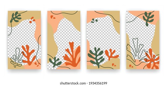 Vektorgrafik-Vorlagen aus Social Media-Geschichten mit modernen ästhetischen, handgezeichneten abstrakten Blättern und fließenden Formen. Hintergründe mit kreativen, von Matisse inspirierten Blumenillustrationen
