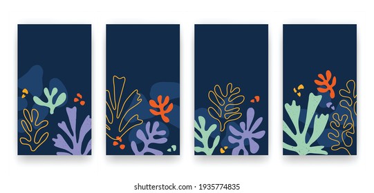 Vector set of social media stories templates with trendy contemporary aesthetic hand drawn abstract leaves and fluid shape forms. Backgrounds with creative Matisse inspired floral illustrations
