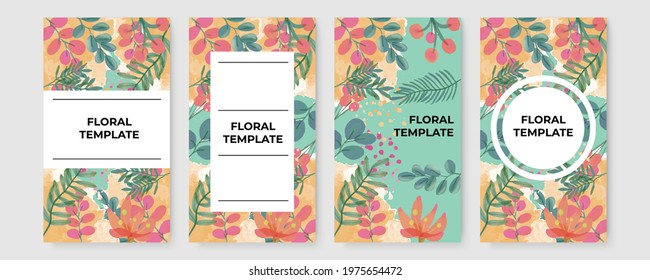 Vector set of social media stories design templates, backgrounds with copy space for text - summer banner, floral, green leaves. Abstract elements in hand drawn watercolor style