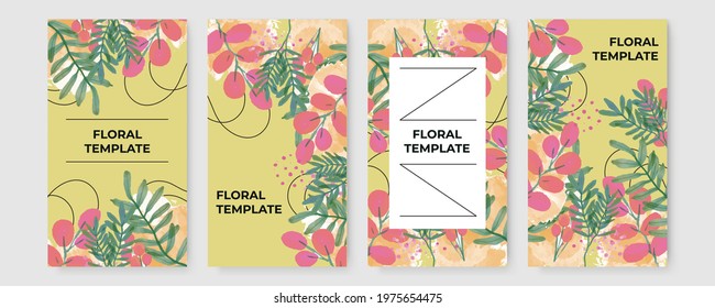 Vector set of social media stories design templates, backgrounds with copy space for text - summer banner, floral, green leaves. Abstract elements in hand drawn watercolor style