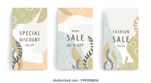 Vector set for social media stories banners, mobile, apps, ad, post. Background template with copy space for text and images design by abstract colored shapes. Creative tropical leaves warm color