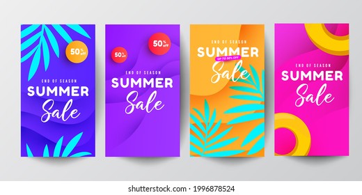 Vector set of social media stories design template. Summer story vector illustration with tropical leaves, bubble forms and beach accessories pattern background.