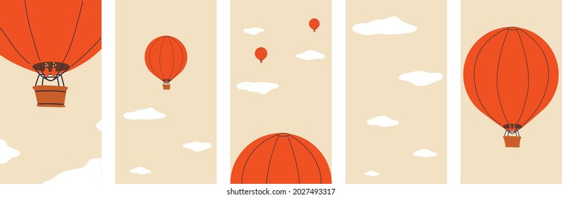 Vector set of social media stories design templates. Sky and air balloons set poster. Background with copy space for text. Cartoon flat vector greeting cards, poster. Flying transport. Vector EPS 10.
