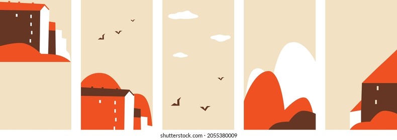 Conjunto de vectores de plantillas de diseño de historias en medios sociales. Edificio, afiche de la ciudad. Fondo con espacio de copia para texto. Cartas de bienvenida de vectores planas de dibujos animados, afiche. Concepto de viajes. EPS vectorial 10.