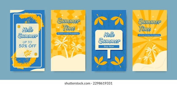 Conjunto de vectores de historias de medios sociales diseñan plantillas para el concepto de vacaciones de verano, historia de plantilla de venta de verano.