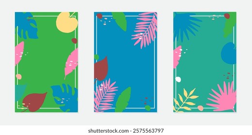 Vector set of social media story design templates. Summer backgrounds made of tropical leaves. Minimalist style. Vector illustration.