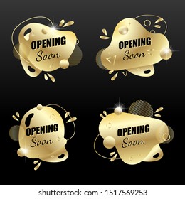 Vector set social media tag opening soon. Isolated goldetn object on a black background. Memphis style and geometric shapes. Amorphous liquid