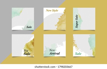 Vector set of of social media template in grey background. Square editable banner for watercolor poster design. Great for digital marketing fashion sales and discount promotional web banner project.