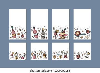 Vector set of social media templates with mulled wine elements and objects. Compositions in doodle style. Collection banners for posts and stories.