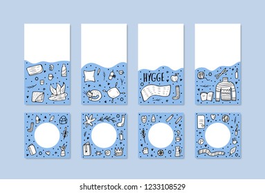 Vector  set of social media templates of Hygge concept. Symbols of comfort in doodle style. Backgrounds for stories and posts of warm clothes and cozy elements.