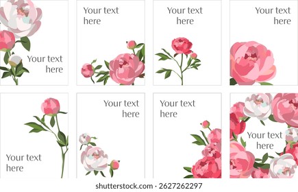 Vector conjunto de Plantillas de redes sociales nuevo tamaño de alimentación con peonías sobre fondo blanco y espacio de copia
