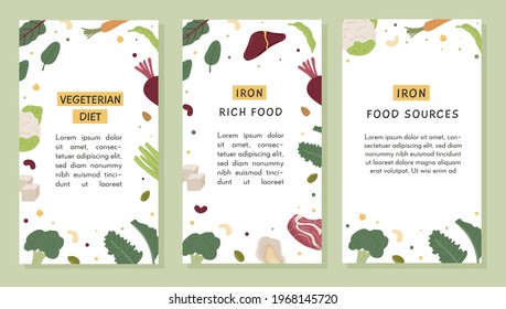 Conjunto de vectores de redes sociales: plantillas de banner verticales de fuentes de alimentos de hierro. Historia de los medios sociales con texto. Patrón con productos dietéticos, dieta vegetariana saludable, nutrición orgánica, mercado de agricultores. 