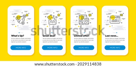 Vector set of Social media, Video conference and Love mail line icons set. UI phone app screens with line icons. Web traffic icon. Mobile devices, Web training, Valentines letter. Vector