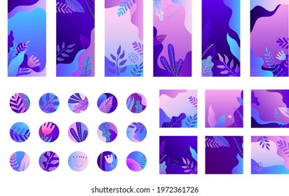 Vector set of social net stories, posts, hilghlights. Trendy collection templates for social networks stories and posts, vector illustration. Design backgrounds for social media. Nature, leaves, flora