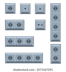 Vector Set of Socket Illustrations. Dark Color Electrical Outlets