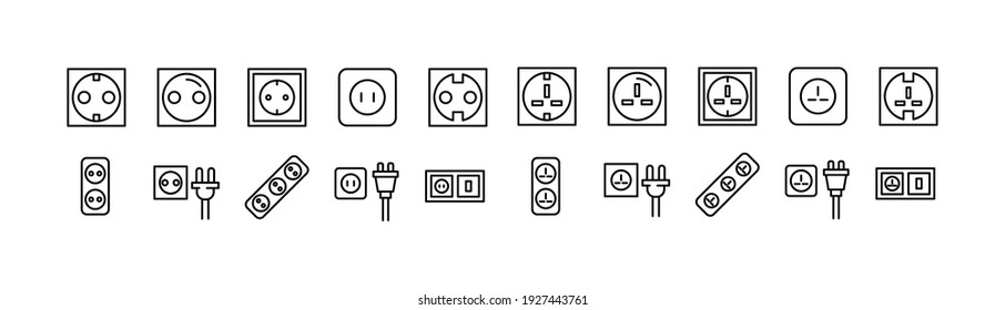 Vector set of socket thin line icons. Design of 20 stroke pictograms. socket signs isolated on a white background.