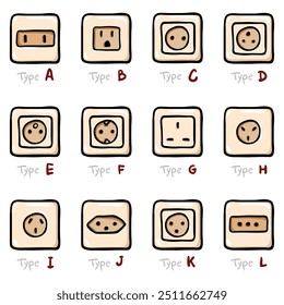 Vector Set of Socket Types Color Doodle Icons
