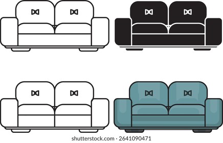 Vector set of sofa icons in four styles: white fill, black fill, outline, and colored. Modern couch illustrations perfect for interior design, furniture catalogs, or web UI elements.