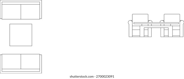 Conjunto vetorial de símbolos de sofá e mesa que mostram a vista superior (planta) e a elevação para os layouts de design arquitetônico e interior.