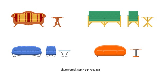 Vector set of sofas, tables and armchairs. Collection of bright furniture for living room isolated on white background. Home design.