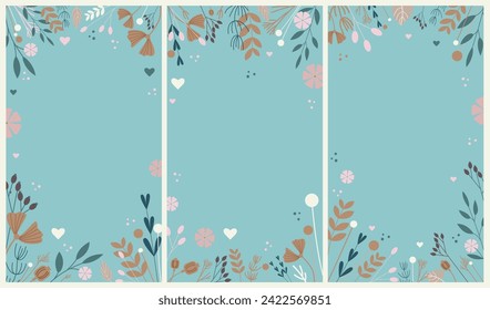 Conjunto vectorial de colores suaves y fondos de flores secas. Ilustraciones de diseño floral y natural para publicaciones e historias en medios sociales, portadas, fondos de pantalla, diseño para anuncios y banners.