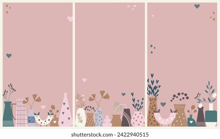 Vector set of soft colors dry flowers in vases backgrounds. Ceramic and nature design illustrations for social media posts and stories, covers, wallpapers, design for ads and banners
