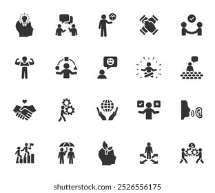 Vector set of soft skills flat icons. Contains icons sociability, empathy, confidence, decision making, leadership, perseverance, creativity, adaptability, punctuality and more. Pixel perfect.