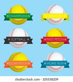 Vector Set: Softball  Labels and Stickers with Banners