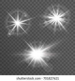 Vector set of solar effects. Isolated transparent sunlight. Star burst rays.
