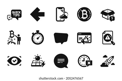 Vector set of Solar panels, Search document and Left arrow icons simple set. Text message, Timer and Quick tips icons. Seo marketing, Chat message and Smartphone cloud signs. Vector